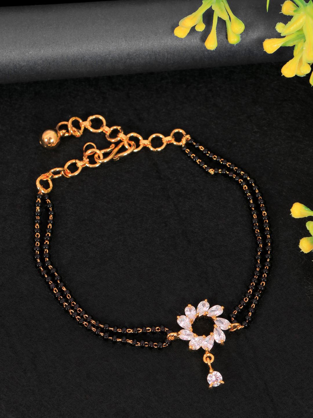 

SwaDev Women Gold-Plated American Diamond Floral Mangalsutra Bracelet
