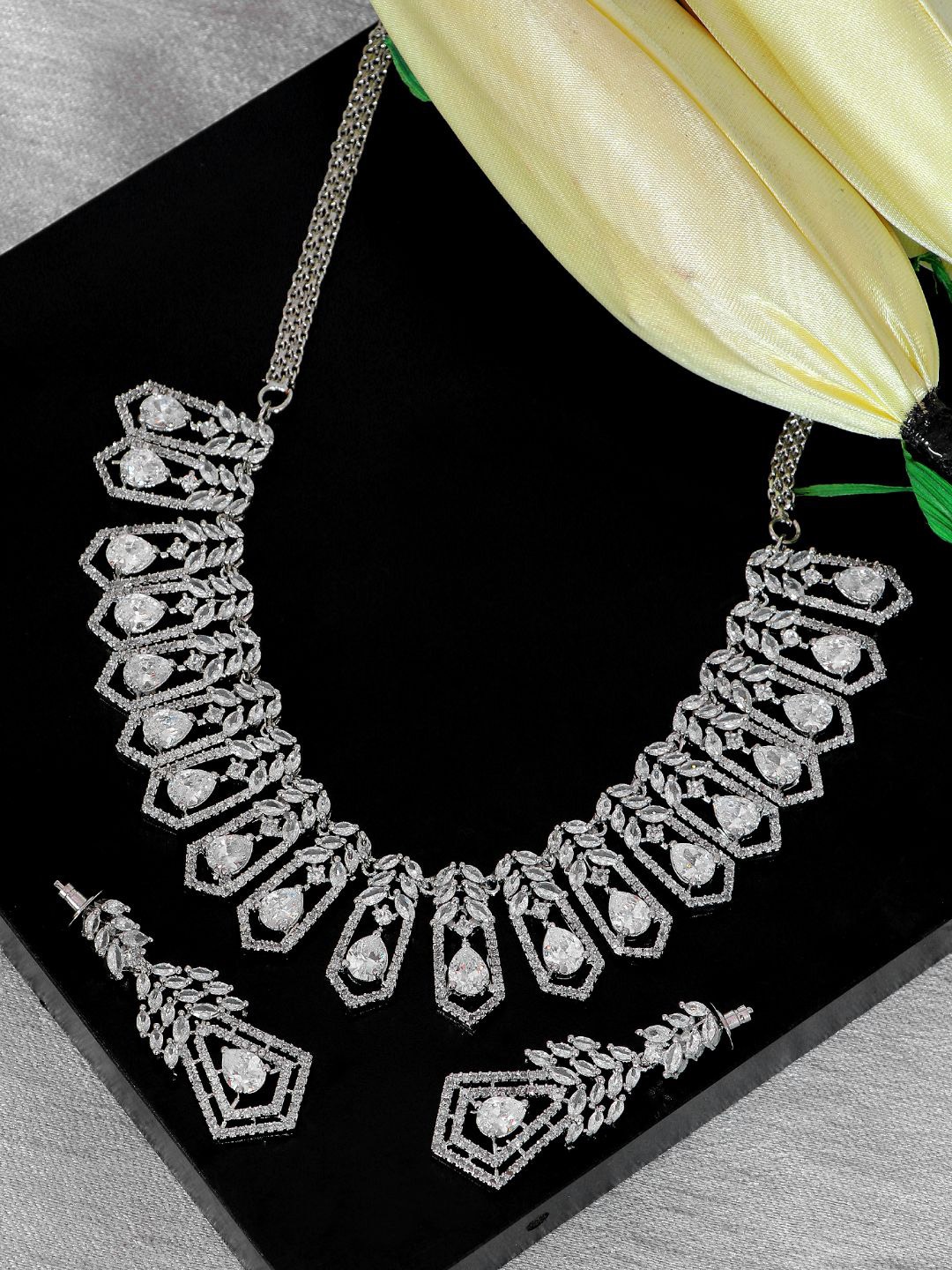 

SwaDev Silver-Plated White American Diamond Studded Jewellery Set