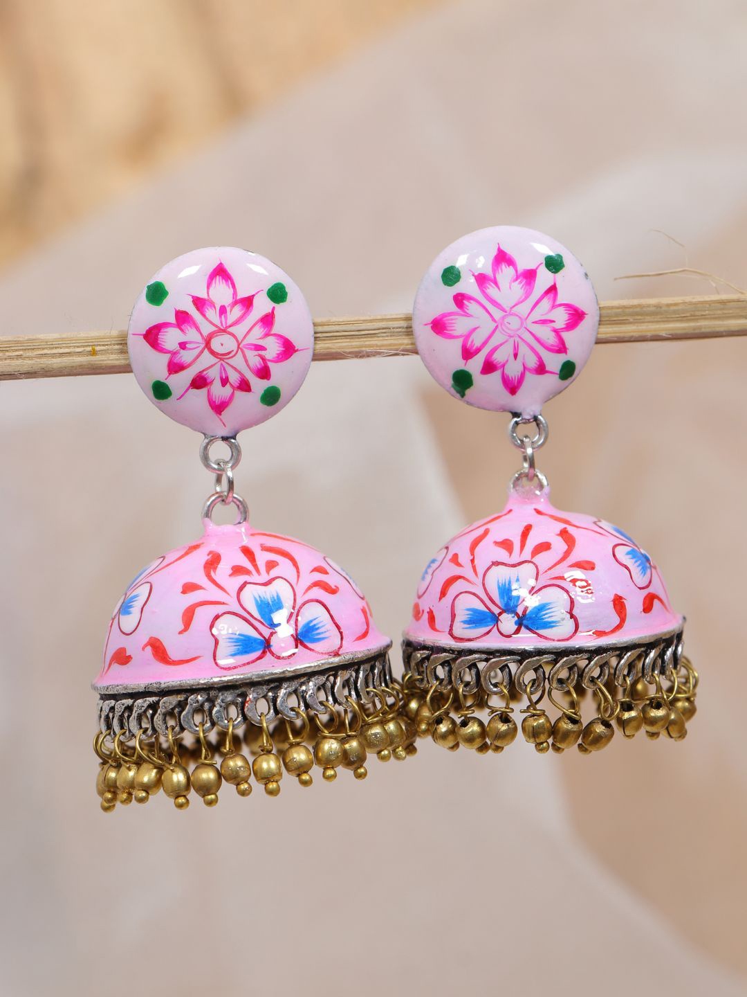 

SwaDev Women Pink Dome Shaped Meenakari Jhumka Earring