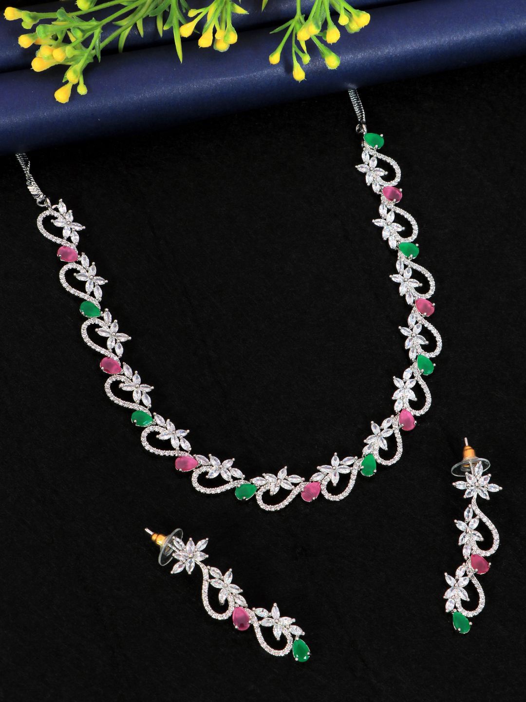 

SwaDev Silver-Plated Pink & Green AD Stone-Studded Jewellery Set