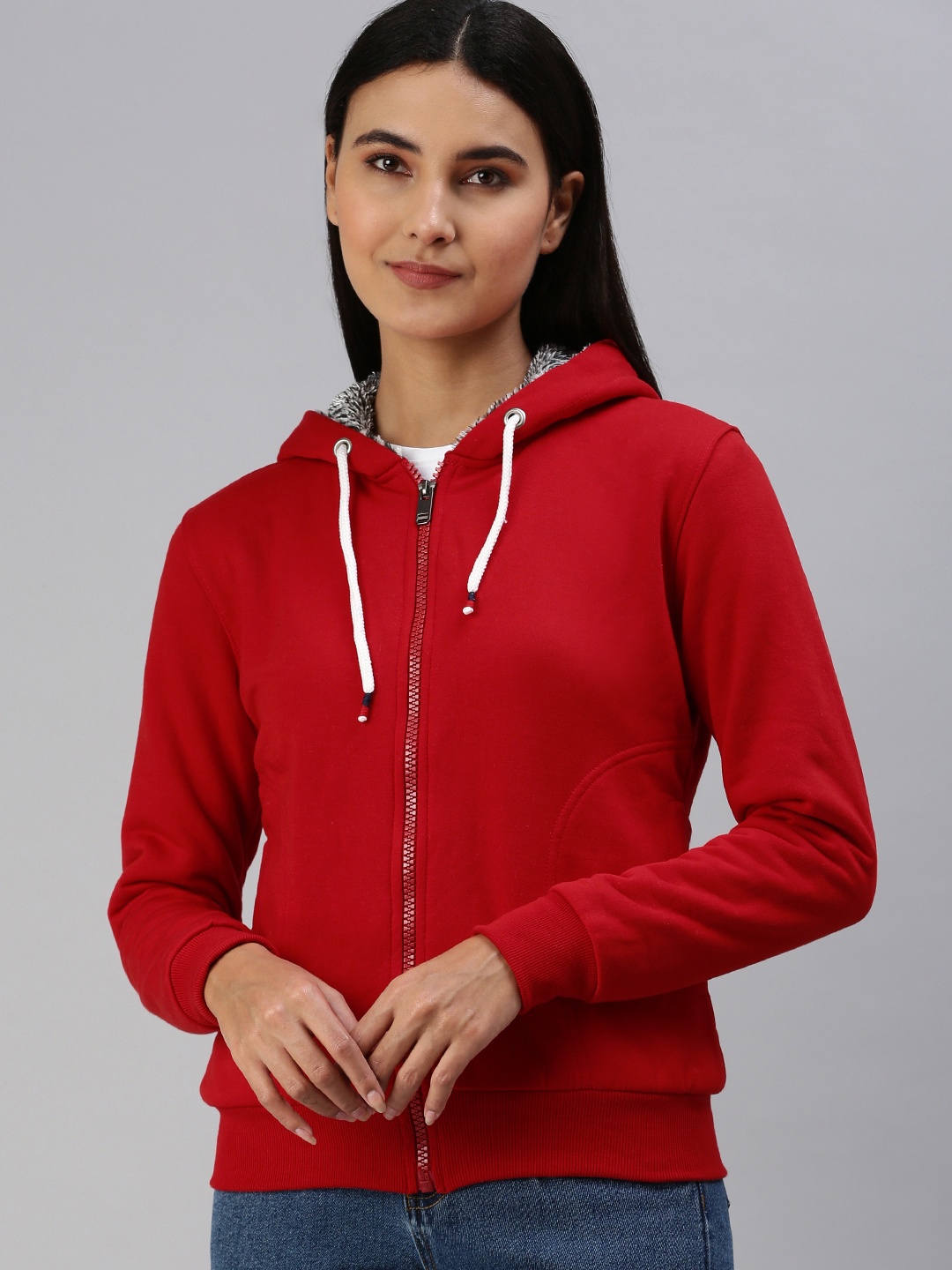 

ADBUCKS Women Red Solid Hooded Pure Cotton Sweatshirt