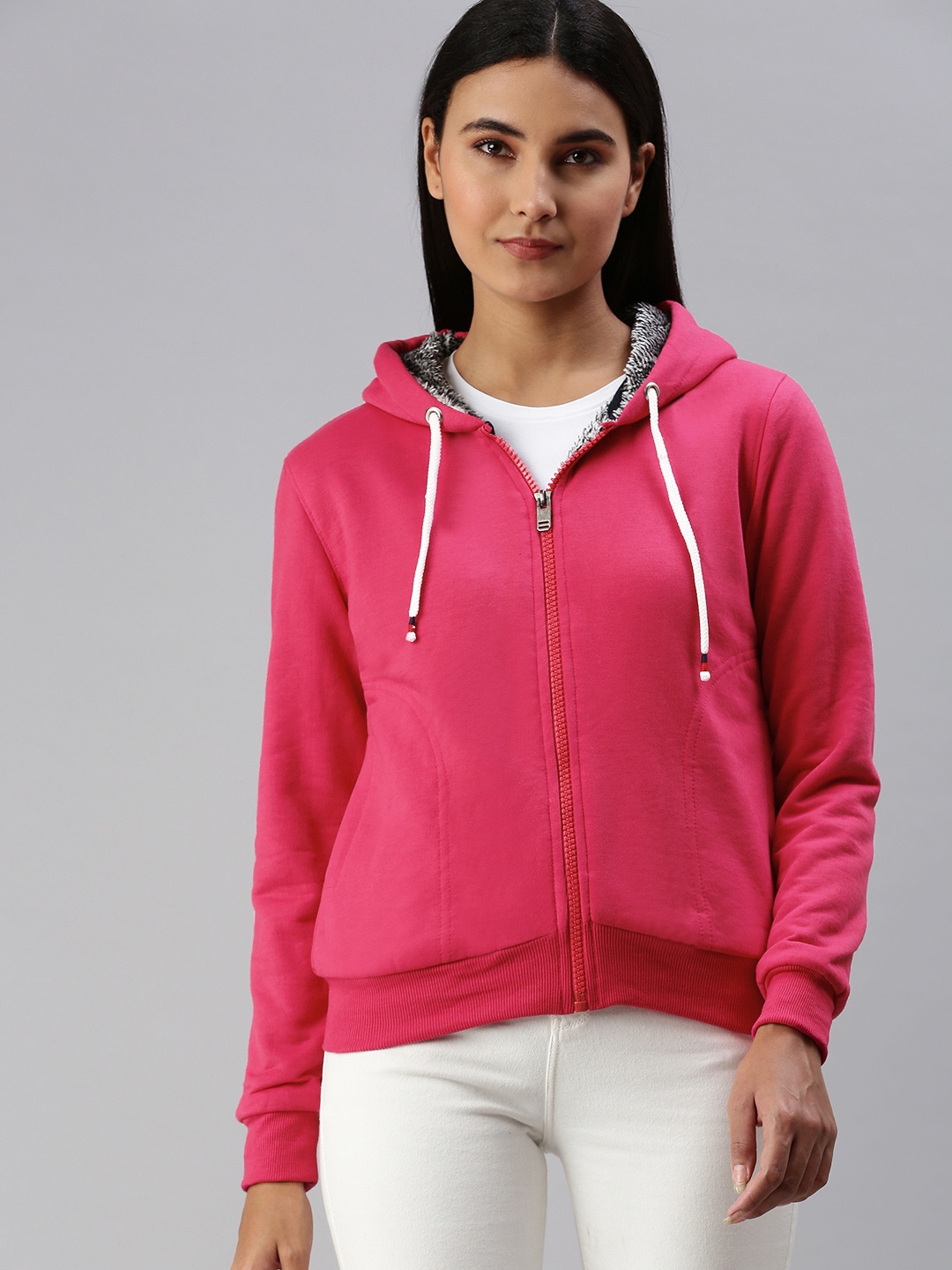 

ADBUCKS Women Pink Hooded Solid Sweatshirt