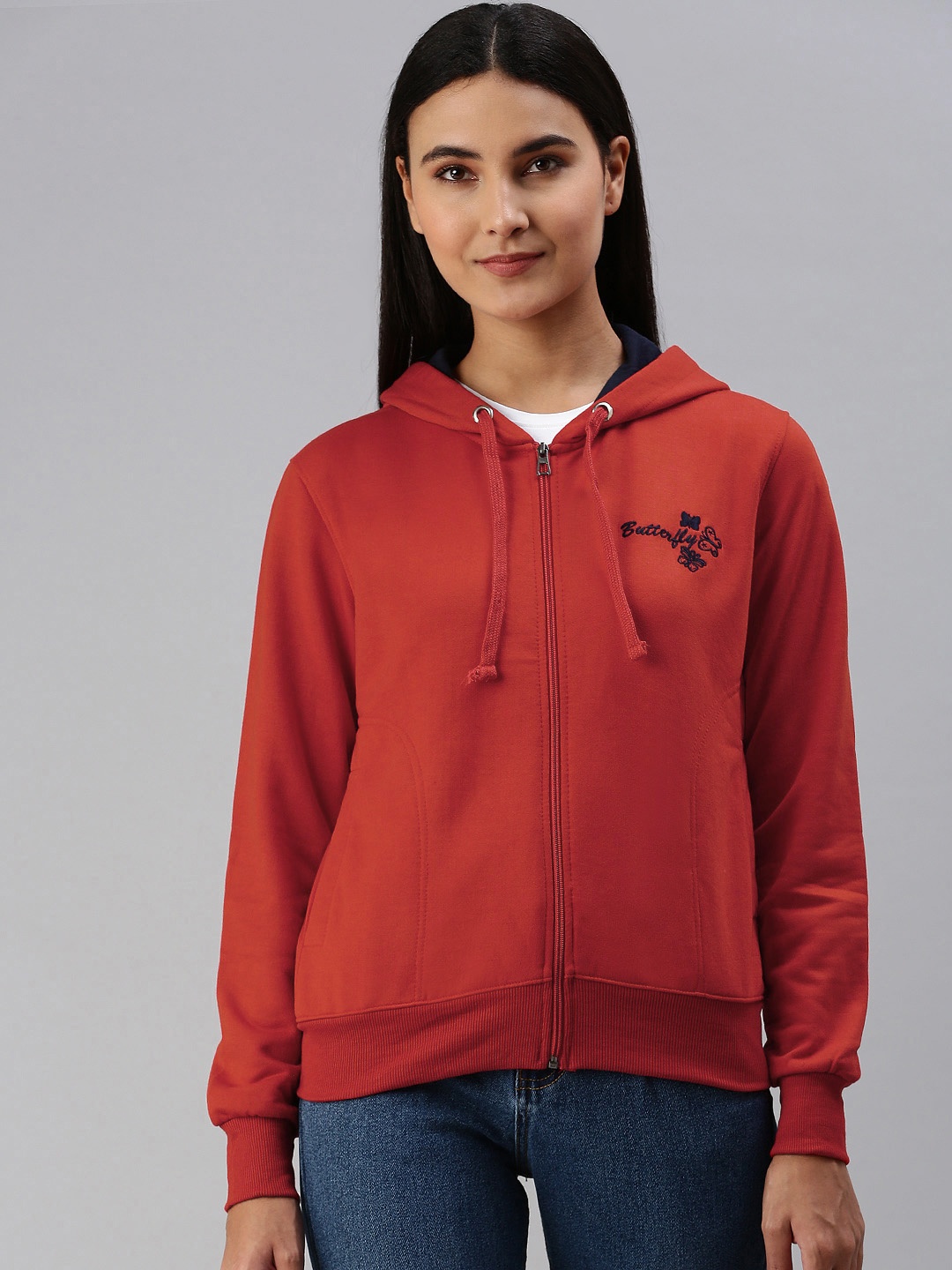 

ADBUCKS Women Red Hooded Solid Sweatshirt