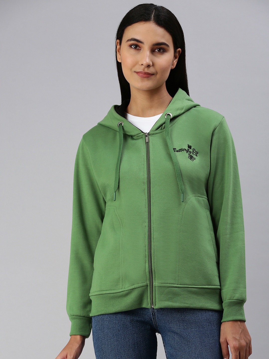 

ADBUCKS Women Green Embroidered Hooded Pure Cotton Sweatshirt