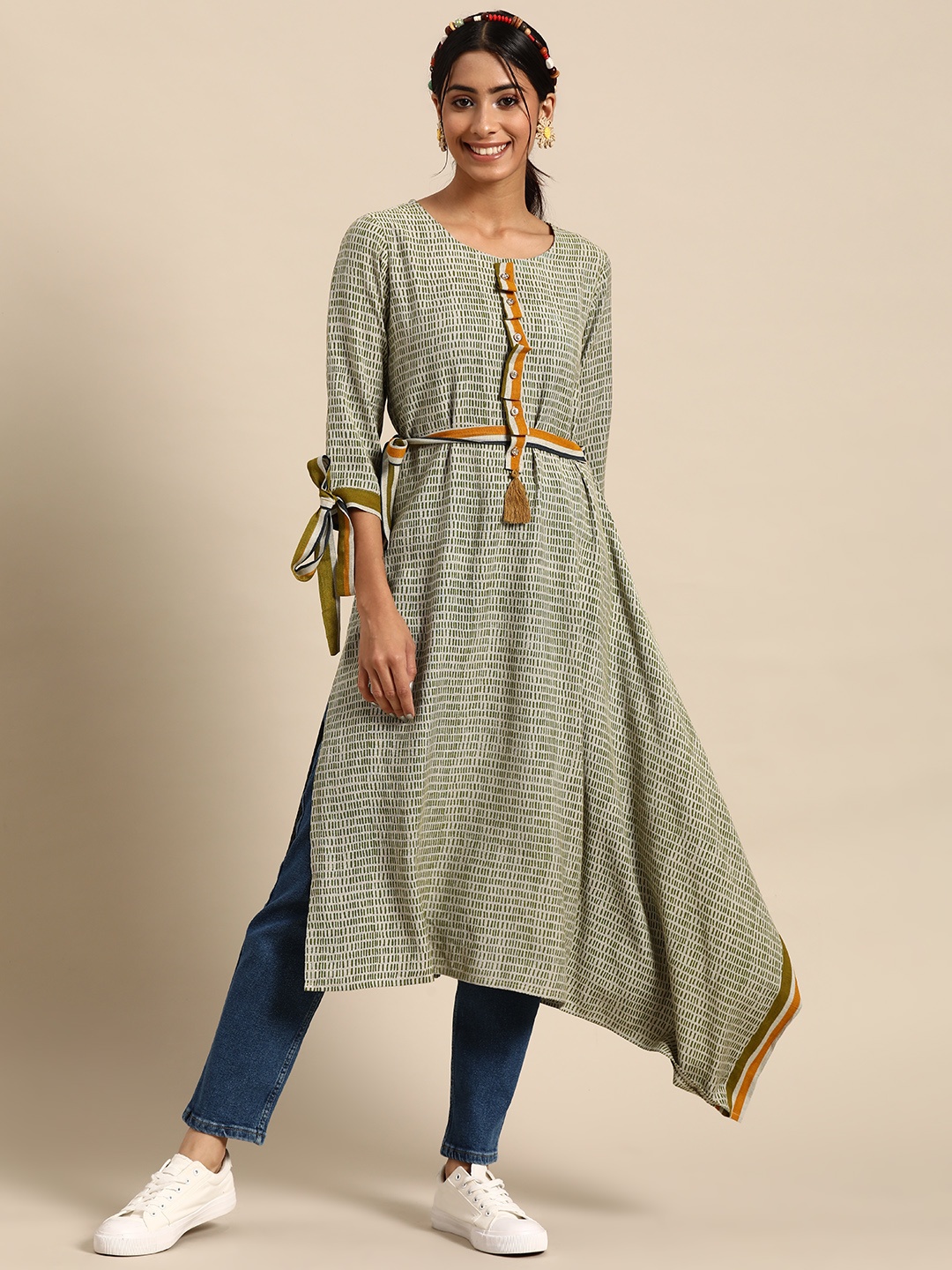 

Sangria Grey & Green Geometric Printed Pure Cotton Kurta