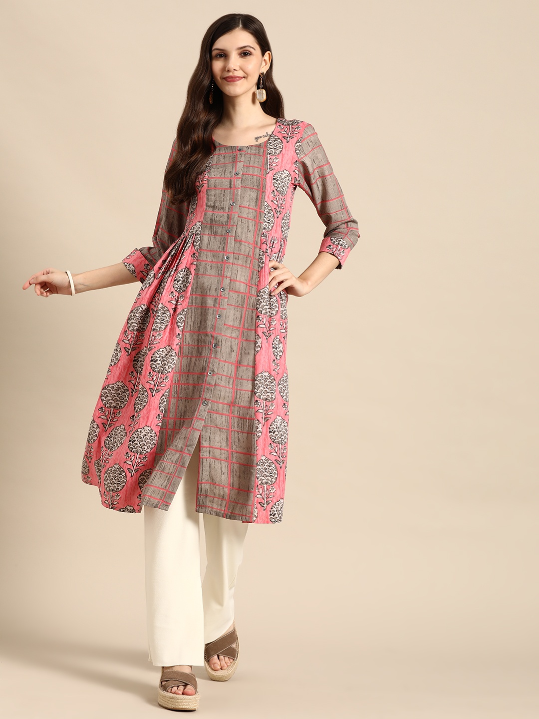 

Sangria Pink & Beige Ethnic Motifs Printed Pure Cotton Kurta