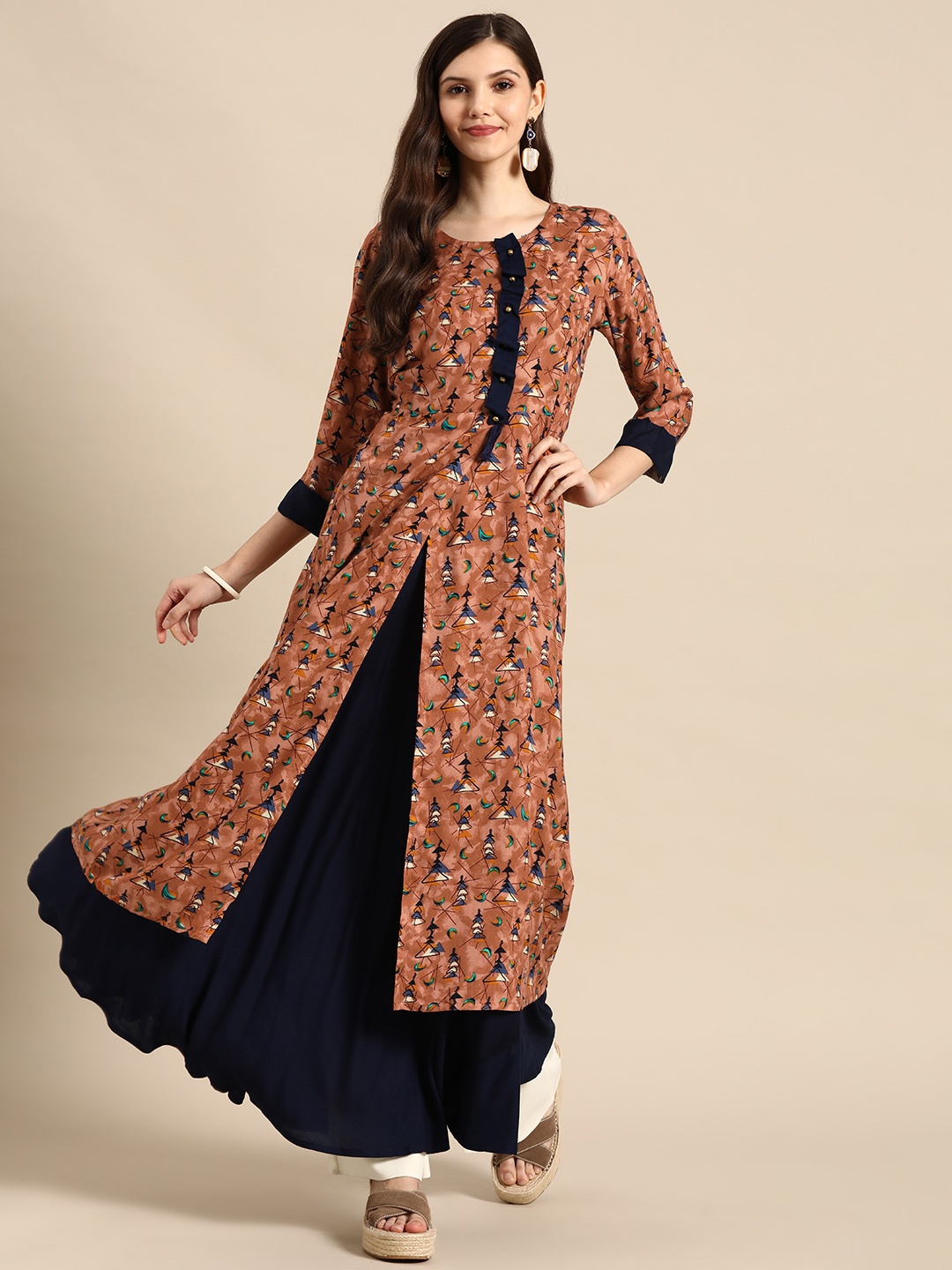 

Sangria Brown & Navy Blue Ethnic Motifs Printed Pure Cotton Anarkali Kurta