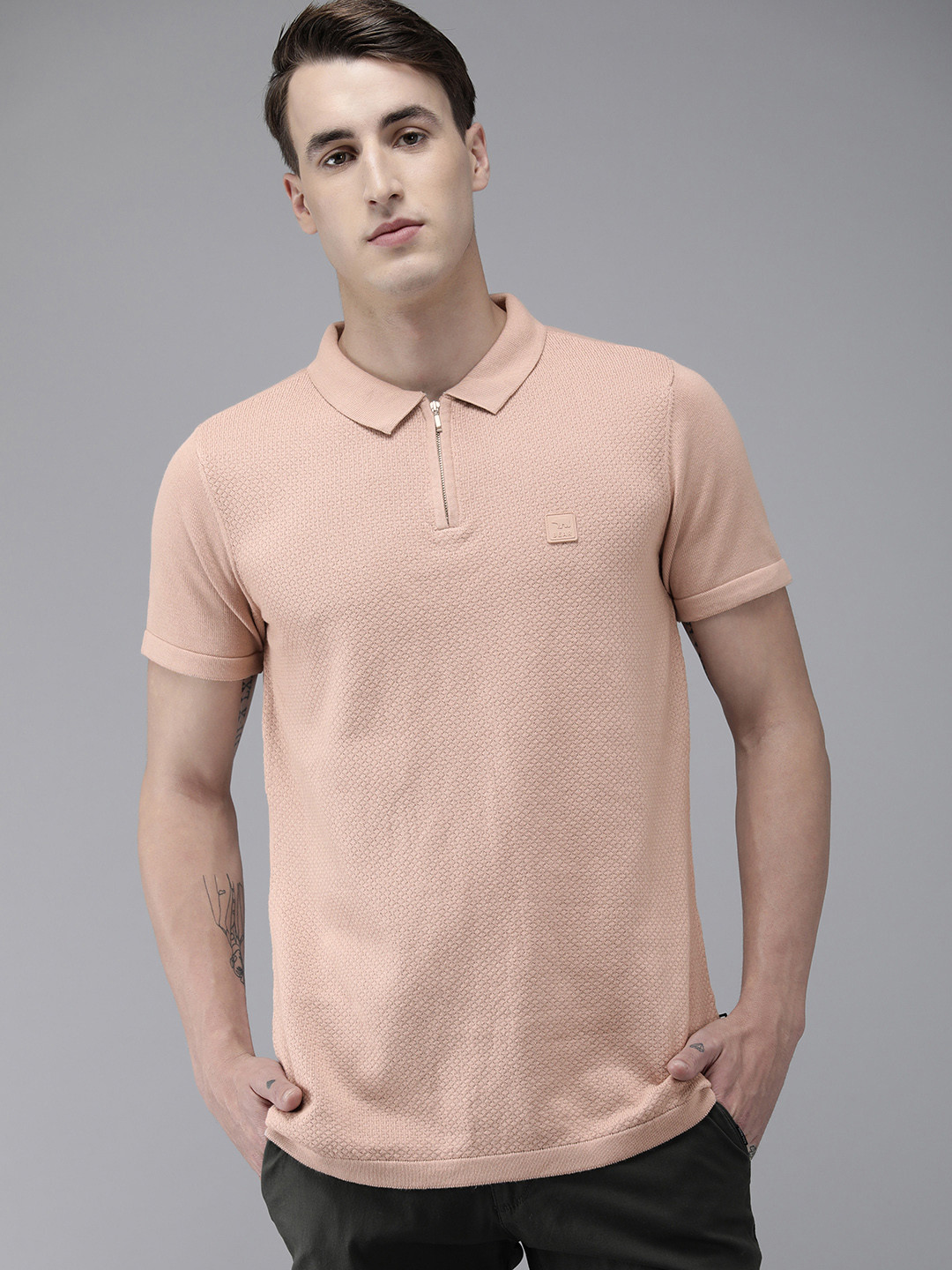 

THE BEAR HOUSE Ardor Edition Men Peach-Coloured Pure Cotton Polo Collar Slim Fit T-shirt