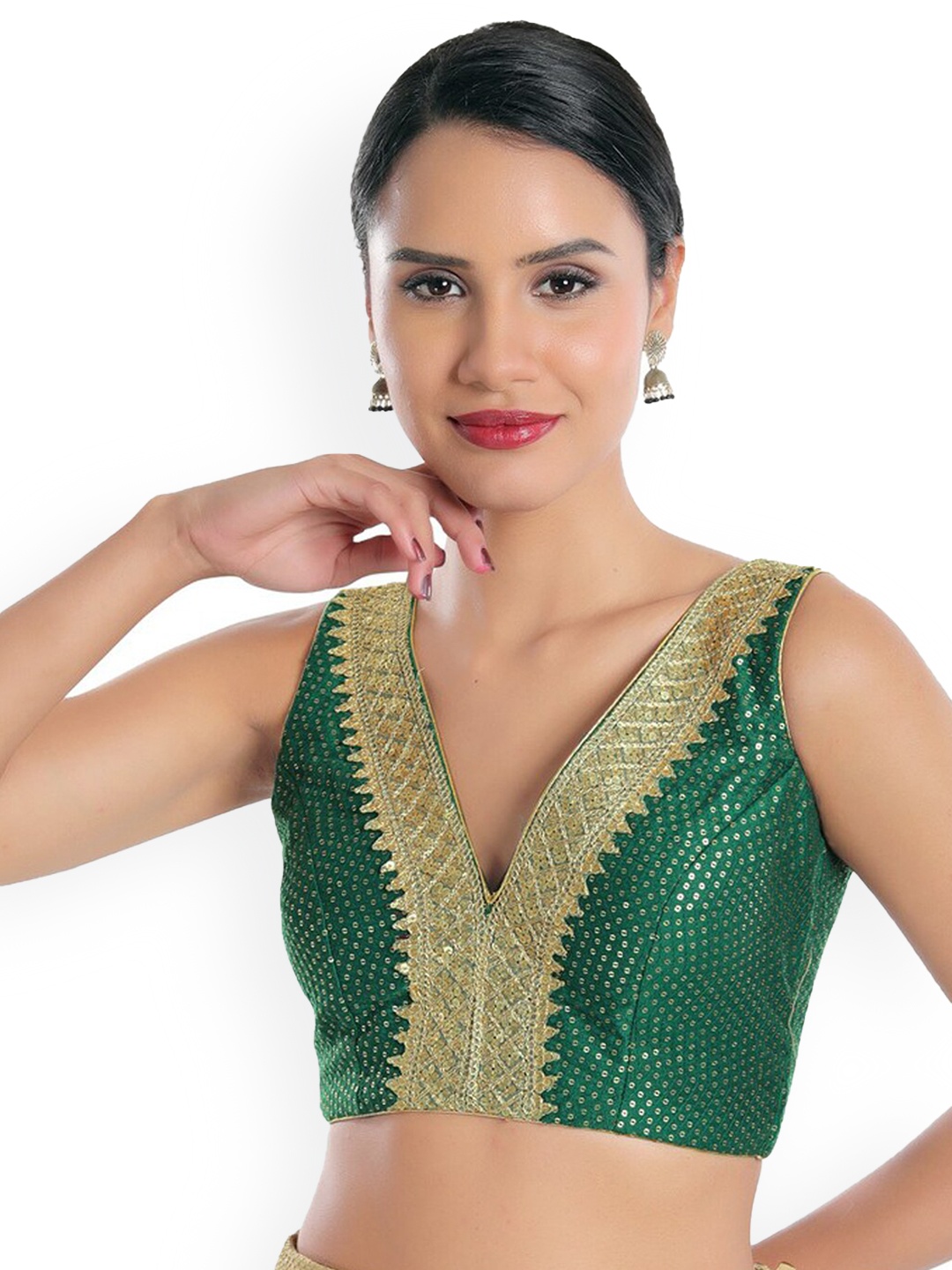 

SALWAR STUDIO Green Embroidered Jain Silk Readymade Saree Blouse