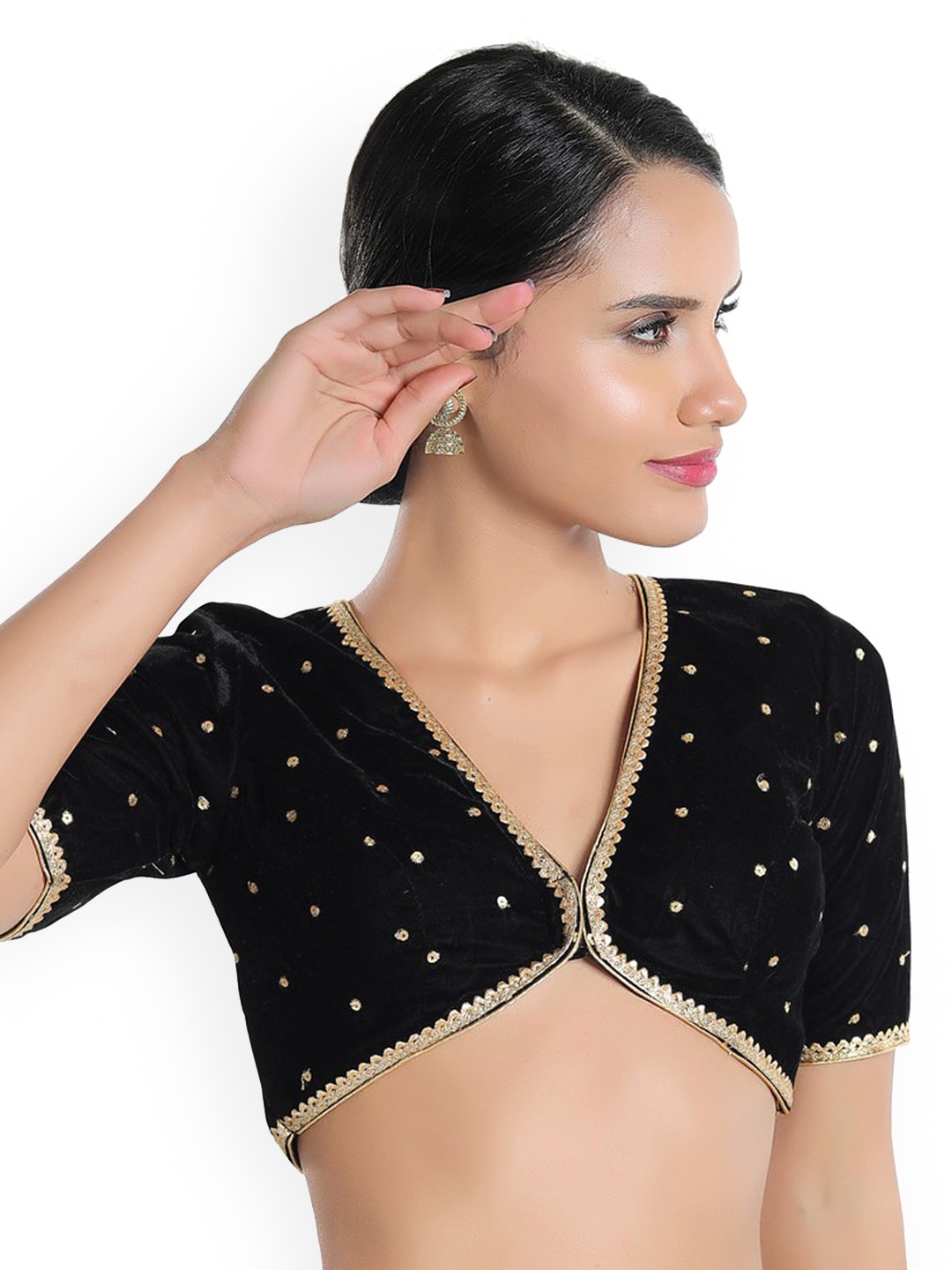 

SALWAR STUDIO Black Woven-design Velvet Readymade Saree Blouse