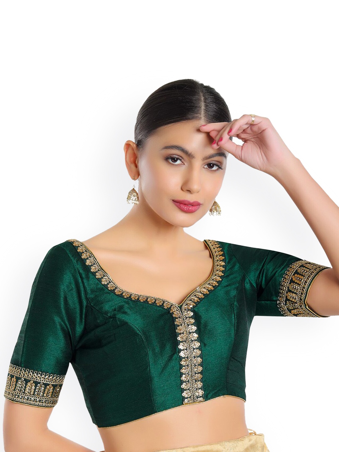 

SALWAR STUDIO Women Green& Gold Embroidered Silk Saree Blouse