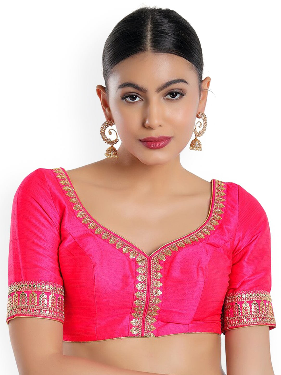 

SALWAR STUDIO Pink & Gold-Coloured Embroidered Silk Padded Saree Blouse