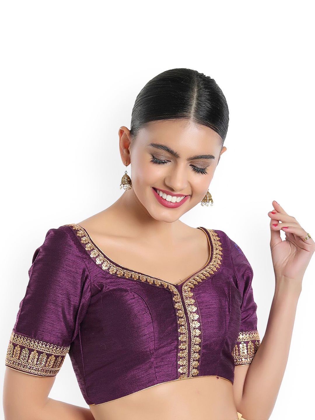 

SALWAR STUDIO Women Purple & Gold Toned Embroidered Readymade Saree Blouse
