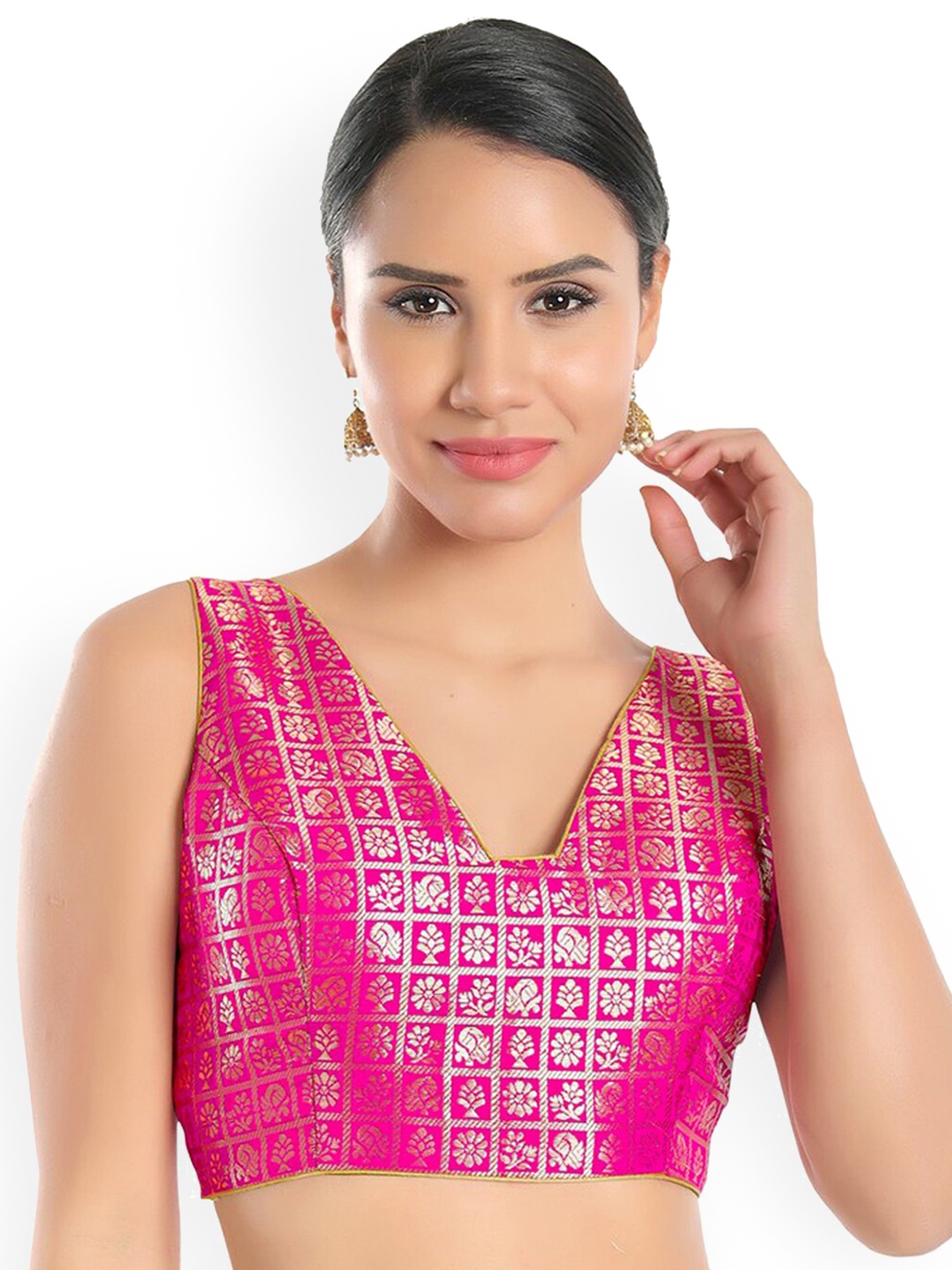 

SALWAR STUDIO Pink Brocade Readymade Saree Blouse