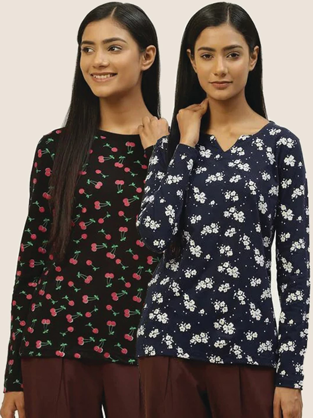 

Kryptic Women Pack of 2 Black & Navy Blue Printed Pure Cotton Lounge T-shirts