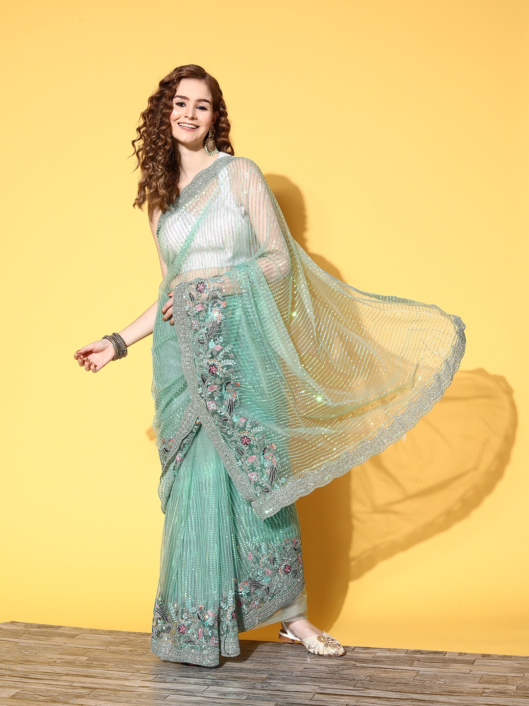 

Chhabra 555 Floral Saree with Embroidered border, Sea green