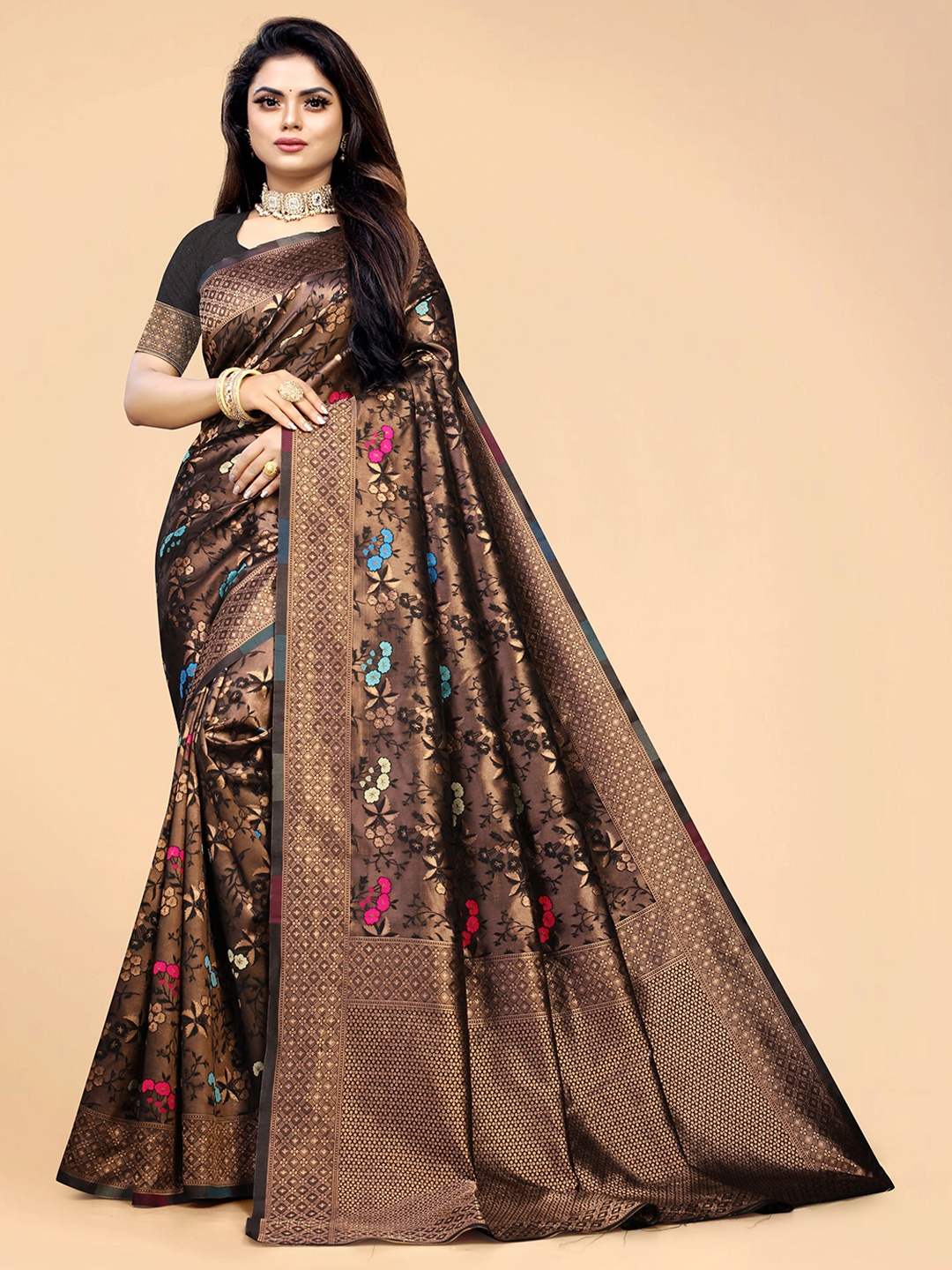 

CARTYSHOP Black & Brown Woven Design Zari Polycotton Kanjeevaram Saree