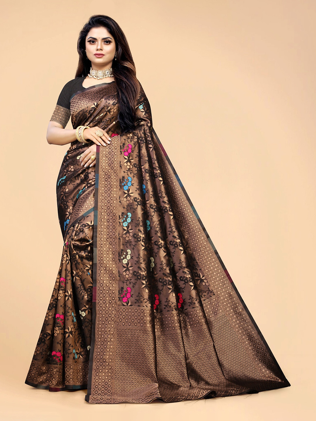 

CARTYSHOP Brown & Gold Toned Woven Design Zari Kanjeevaram Saree, Grey