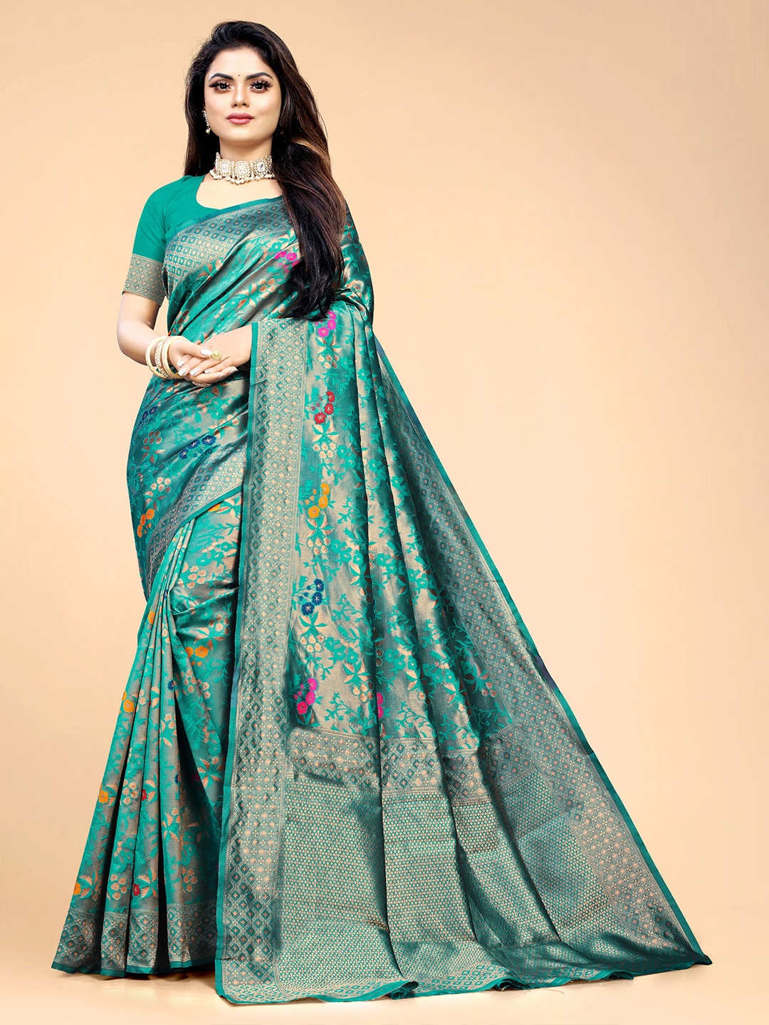 

CARTYSHOP Sea Green & Pink Woven Design Zari Kanjeevaram Saree