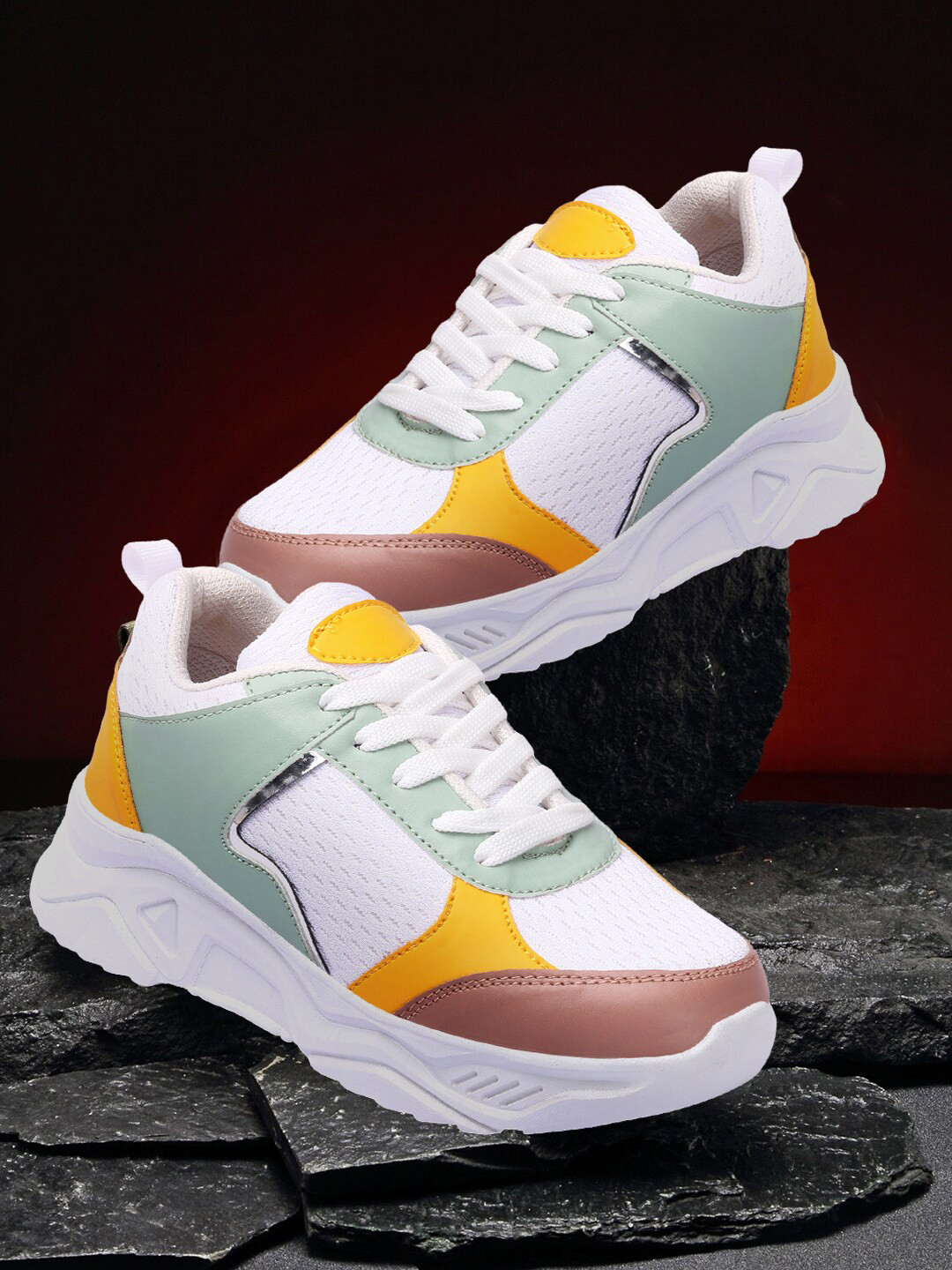 

RINDAS Women White & Yellow Colourblocked Sneaker Casual Shoes