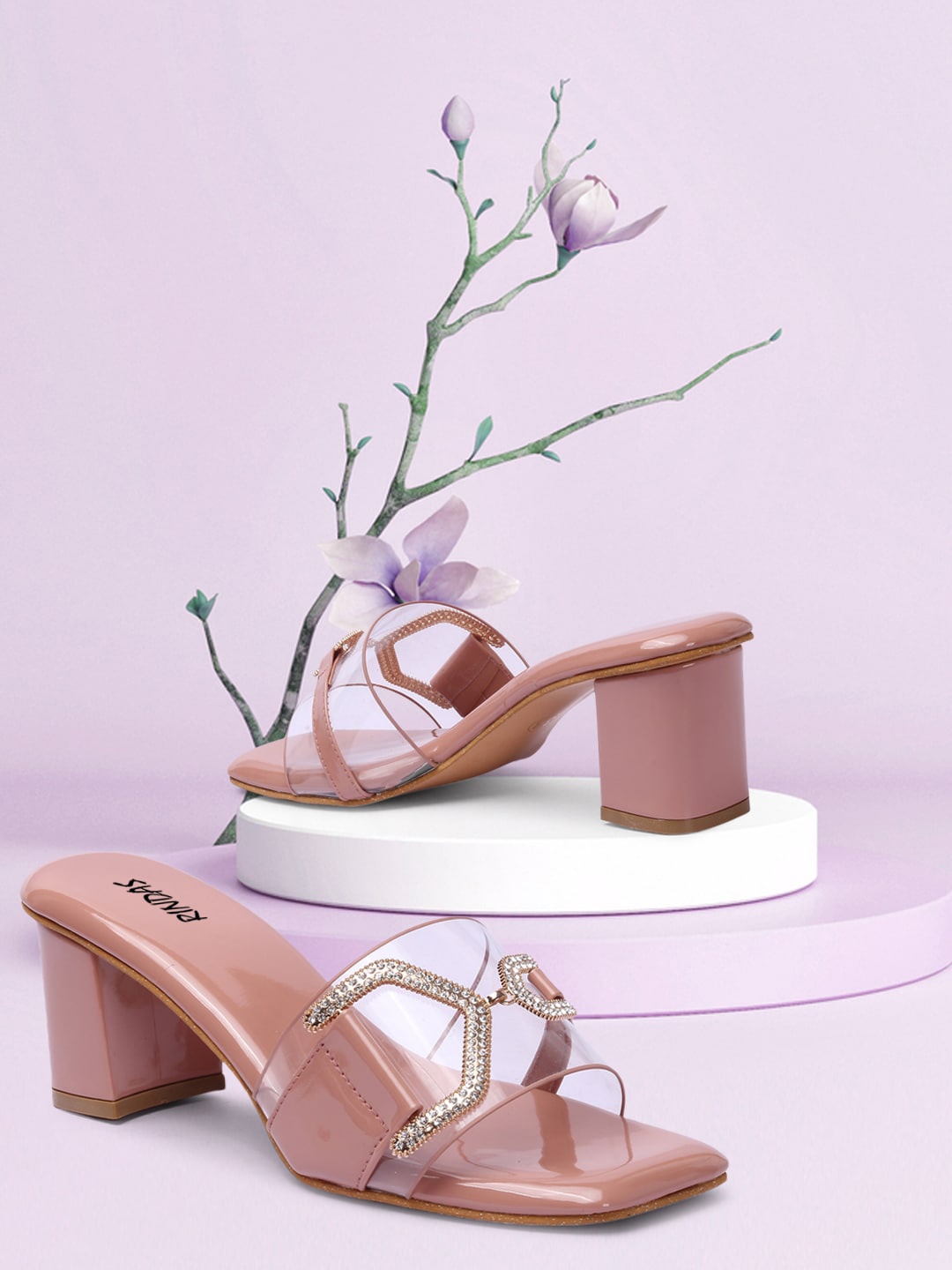 

RINDAS Peach-Coloured Embellished Block Mules, Pink