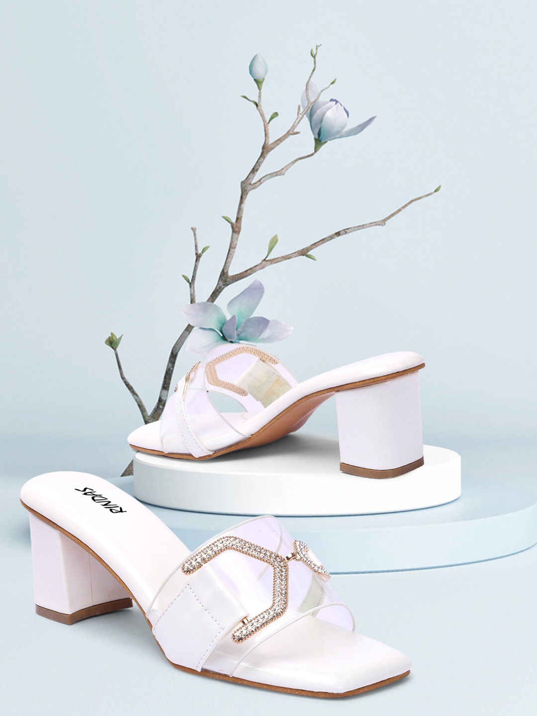 

RINDAS White Embellished Party Block Heels