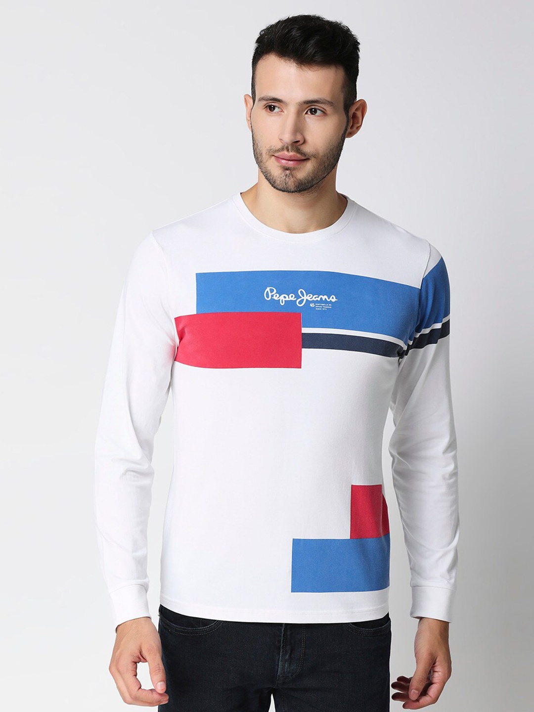 

Pepe Jeans Men White & Blue Printed Colourblocked Slim Fit T-shirt