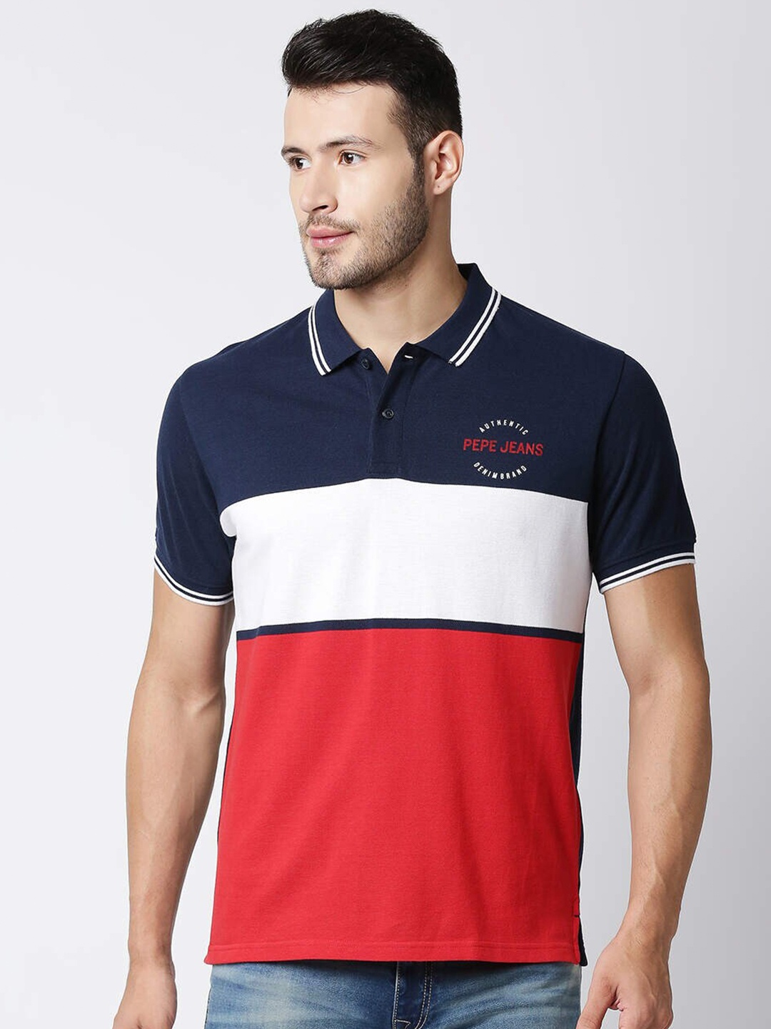 

Pepe Jeans Men Navy Blue Colourblocked Polo Collar T-shirt