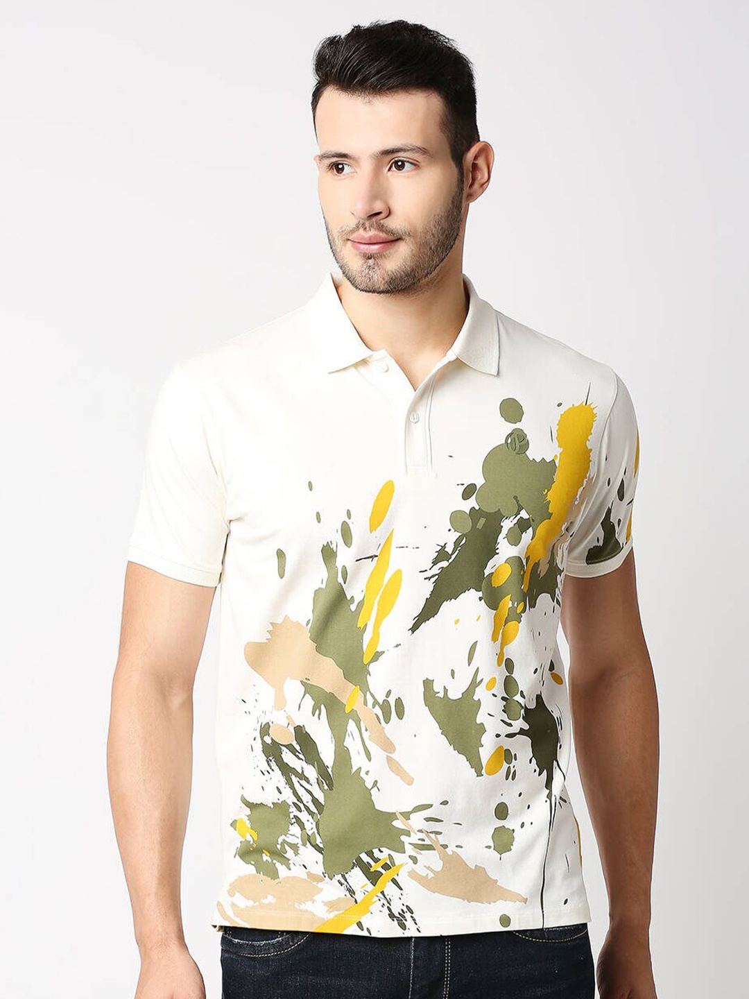

Pepe Jeans Men Off White Abstract Printed Polo Collar T-shirt