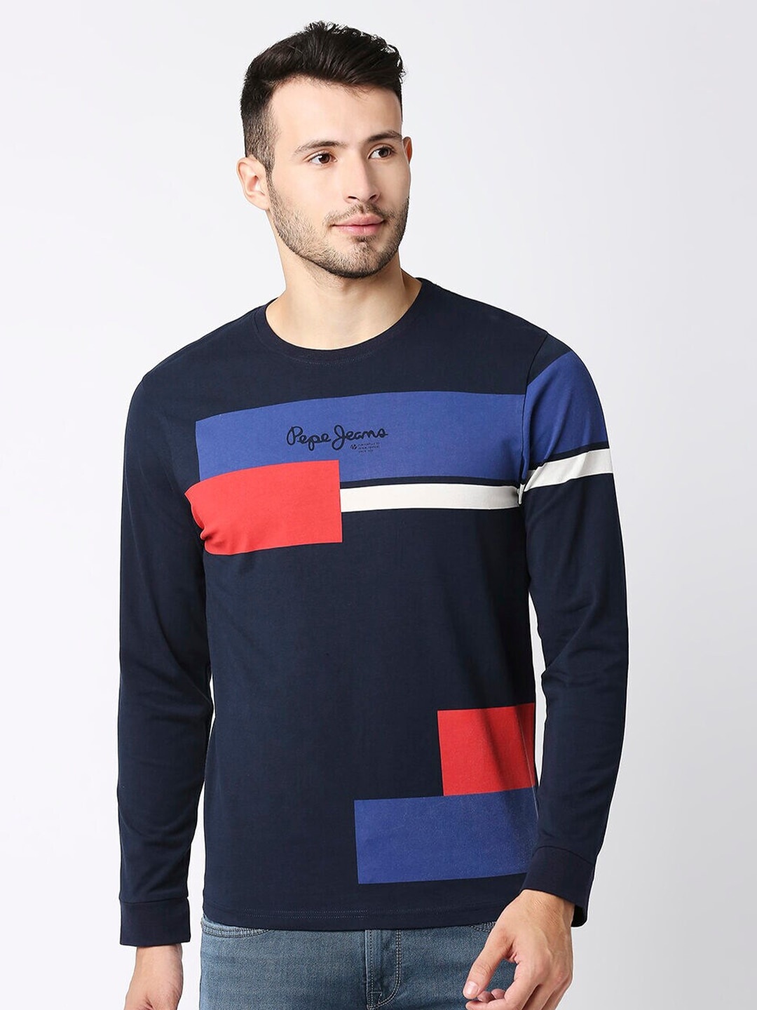 

Pepe Jeans Men Navy Blue Colourblocked Slim Fit T-shirt