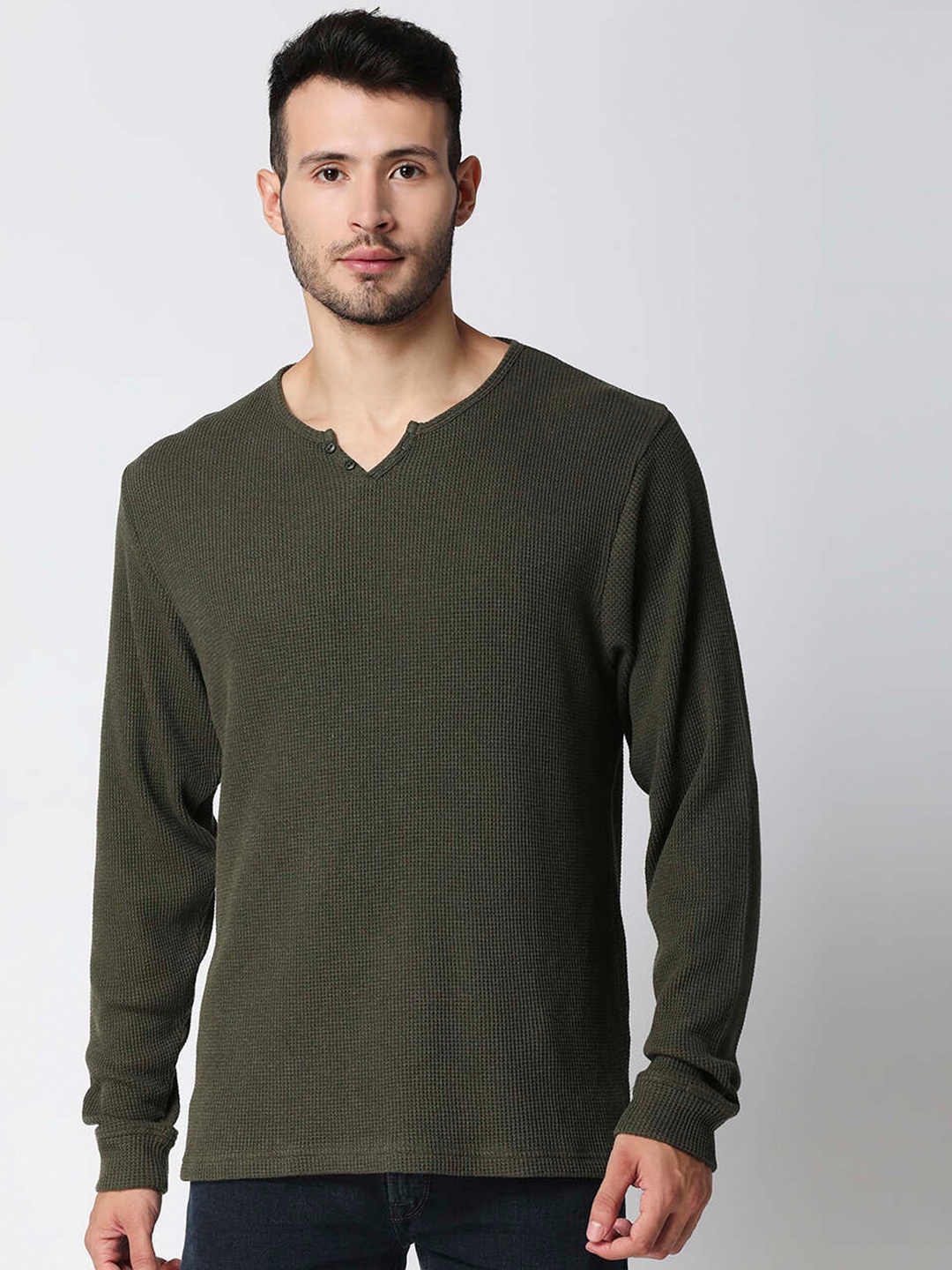 

Pepe Jeans Men Olive Green Henley Neck Slim Fit T-shirt