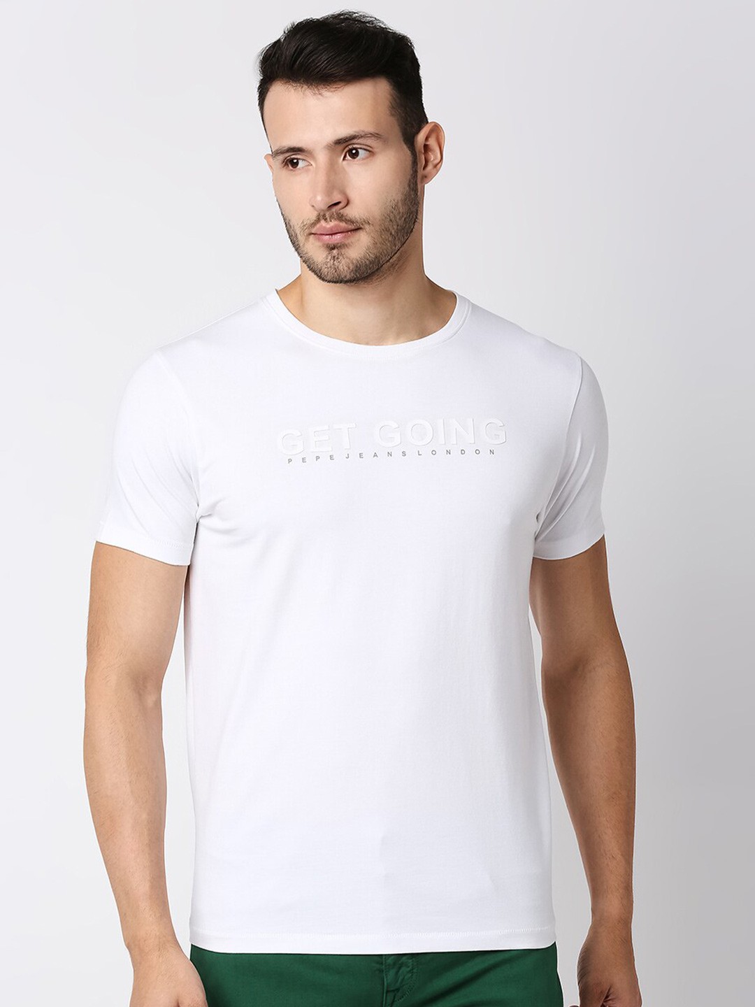 

Pepe Jeans Men White Typography Printed Slim Fit T-shirt