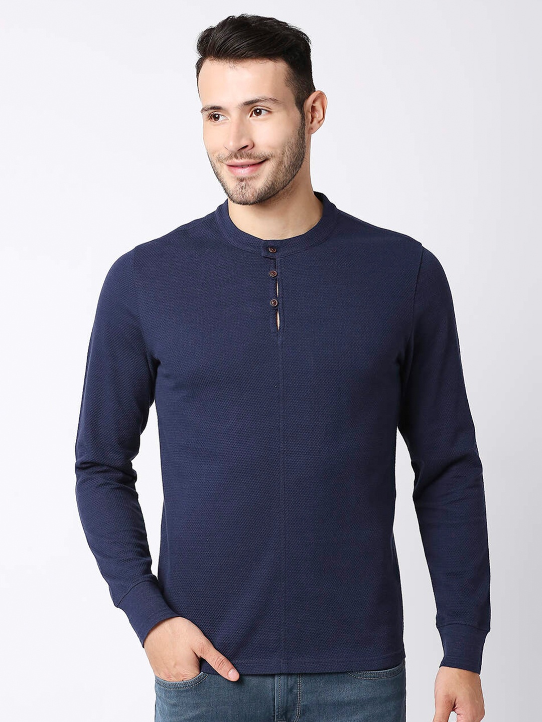 

Pepe Jeans Men Navy Blue Henley Neck Slim Fit T-shirt