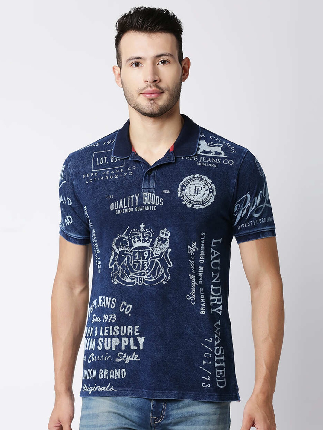 

Pepe Jeans Men Blue Typography Printed Polo Collar T-shirt
