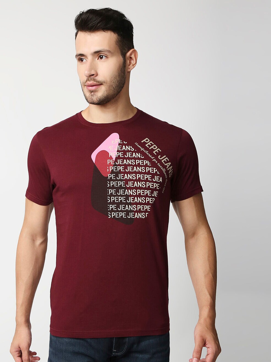 

Pepe Jeans Men Red Typography Printed Raw Edge Slim Fit T-shirt