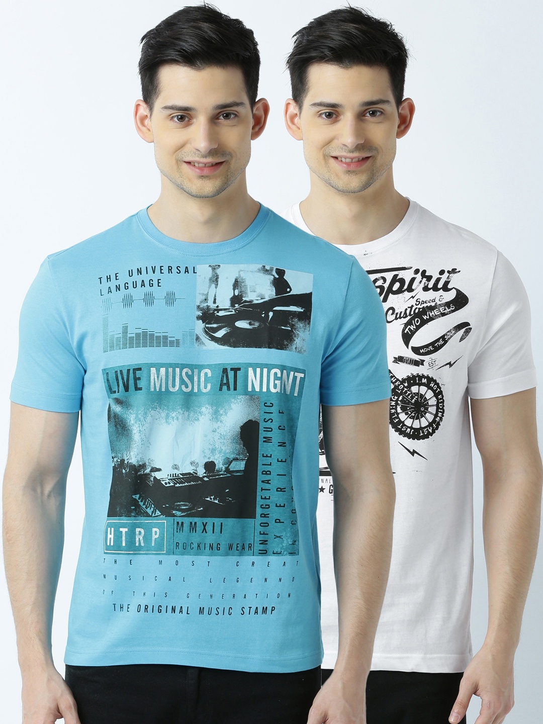 

Huetrap Pack of 2 Printed T-shirts, Turquoise blue