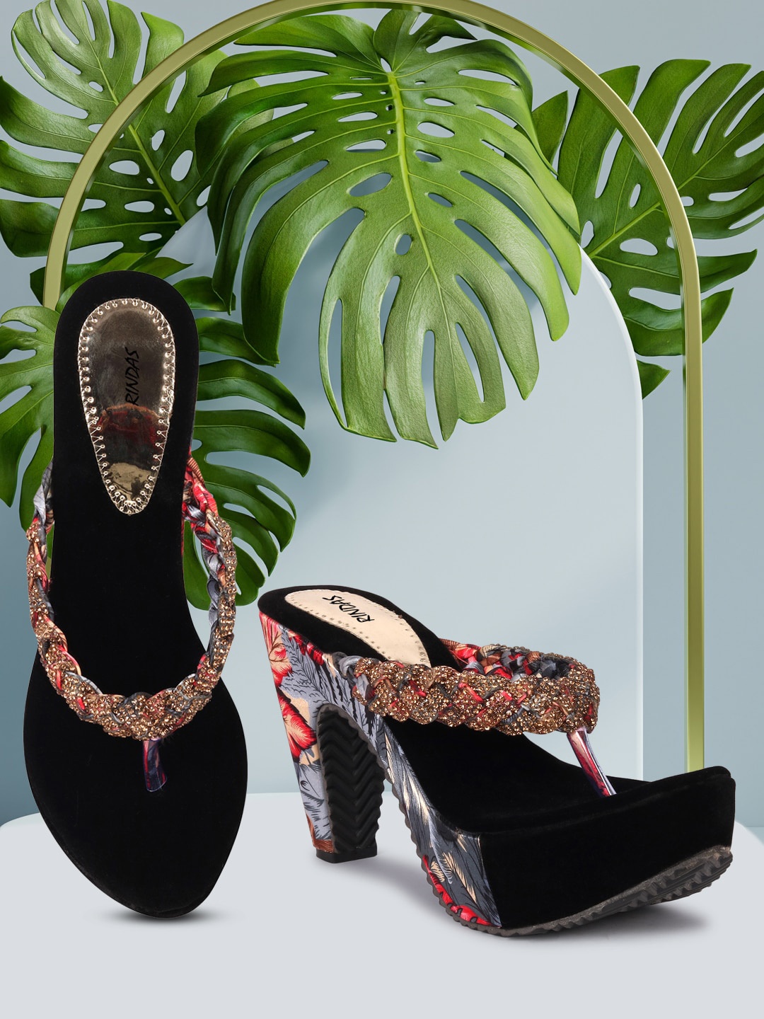 

RINDAS Women Black Embellished Velvet Ethnic Block Sandals