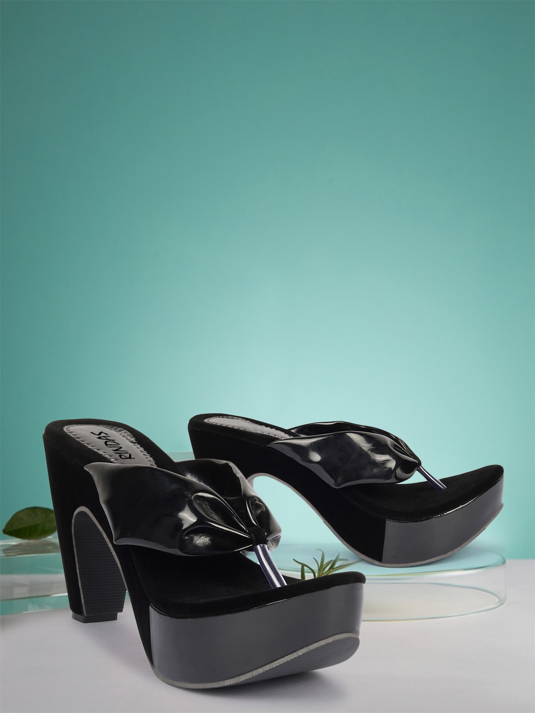

RINDAS Women Black Embellished High-Top Block Heels