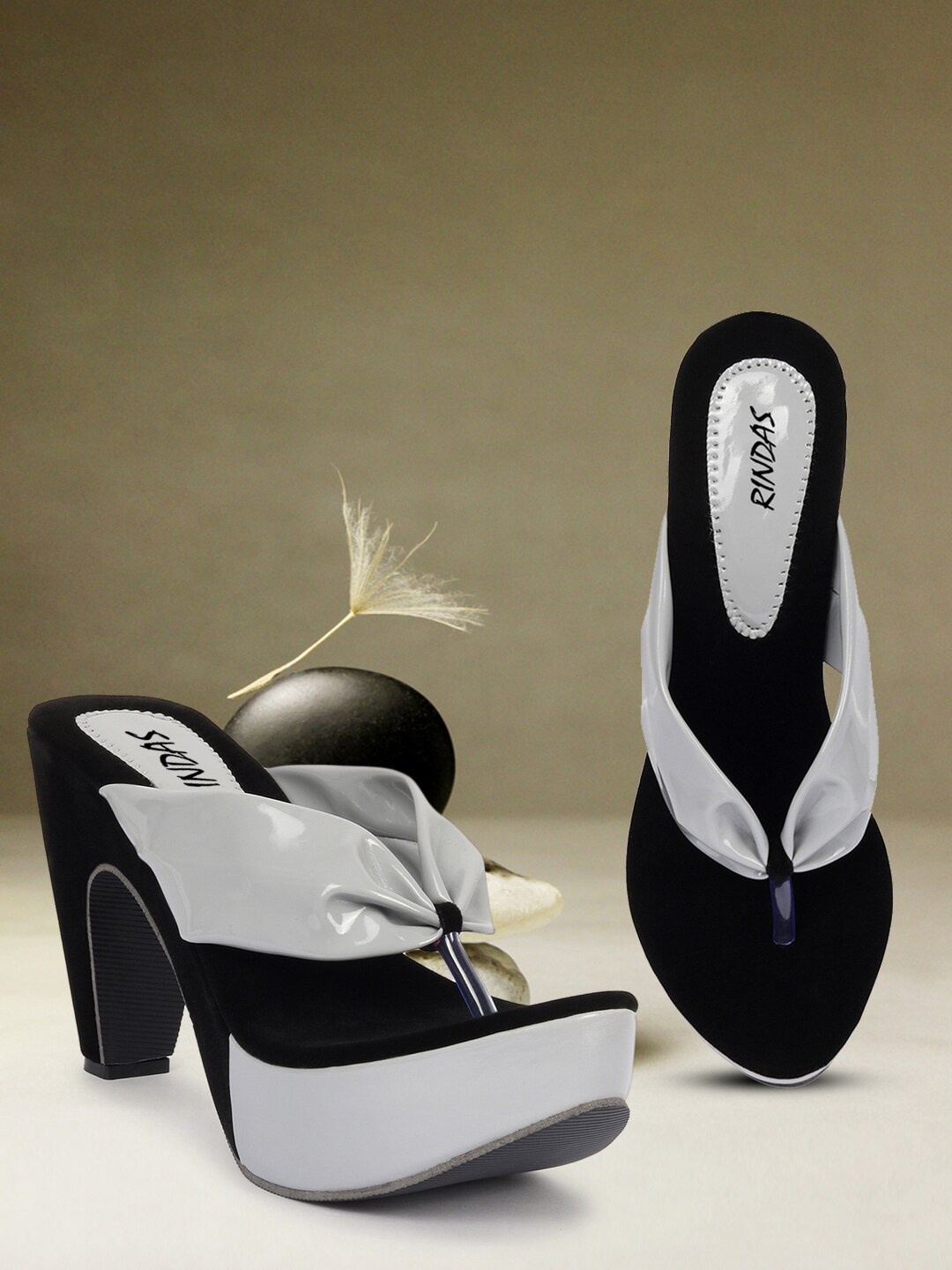 

RINDAS Grey & Black Colourblocked High-Top Block Sandals Heels