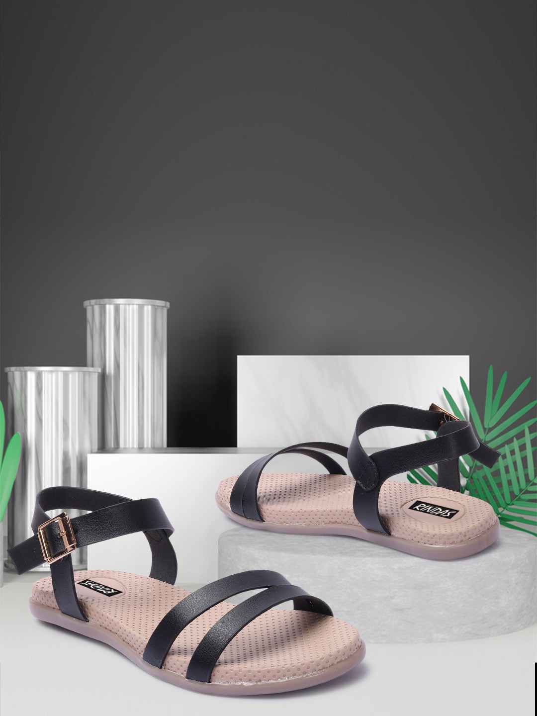 

RINDAS Women Black Printed Open Toe Flats