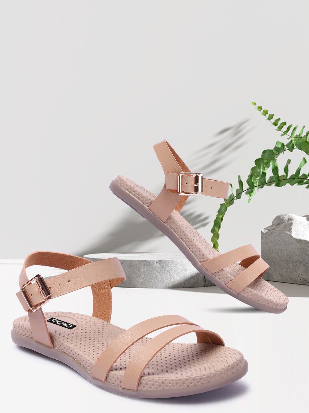 

RINDAS Women Cream-Coloured Striped Open Toe Flats