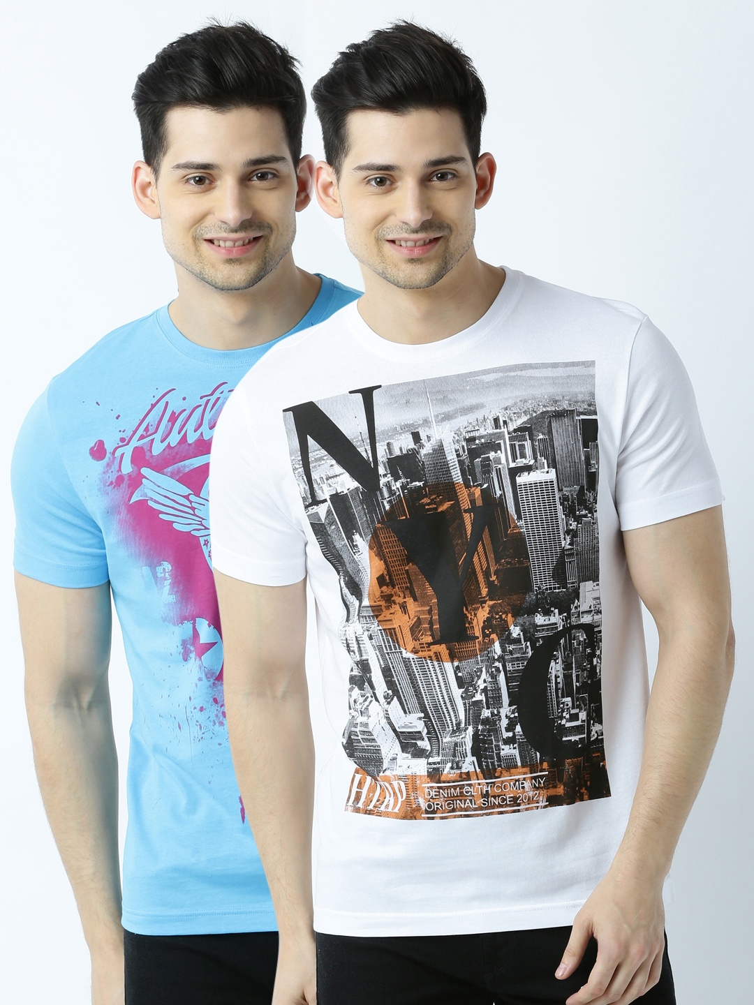 

Huetrap Men Pack of 2 Printed T-shirts, Turquoise blue