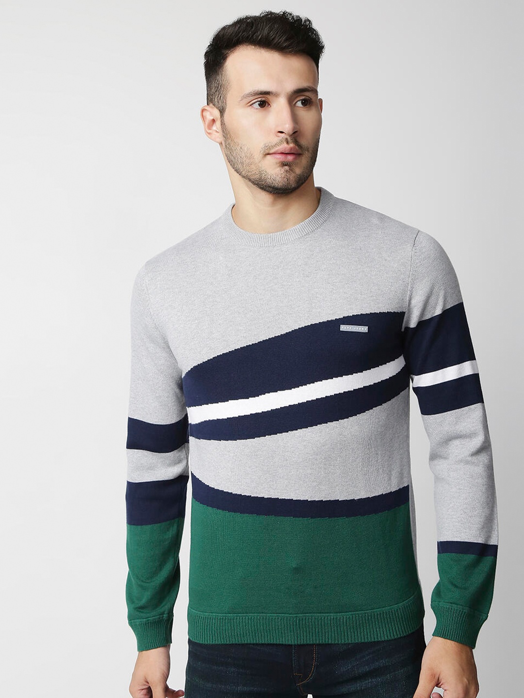 

Pepe Jeans Men Grey & Navy Blue Colourblocked Pullover