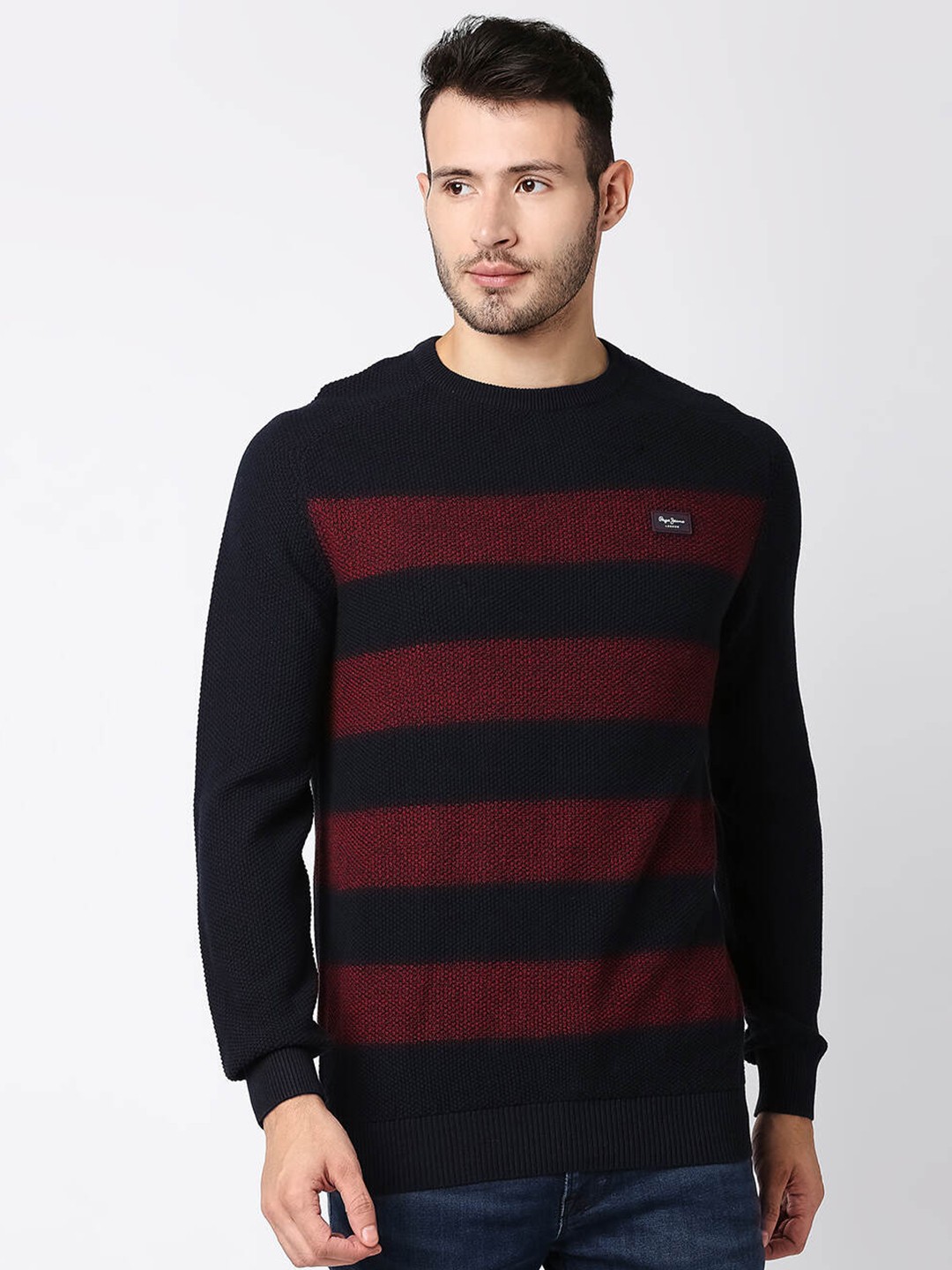 

Pepe Jeans Men Navy Blue & Maroon Striped Sweater Vest