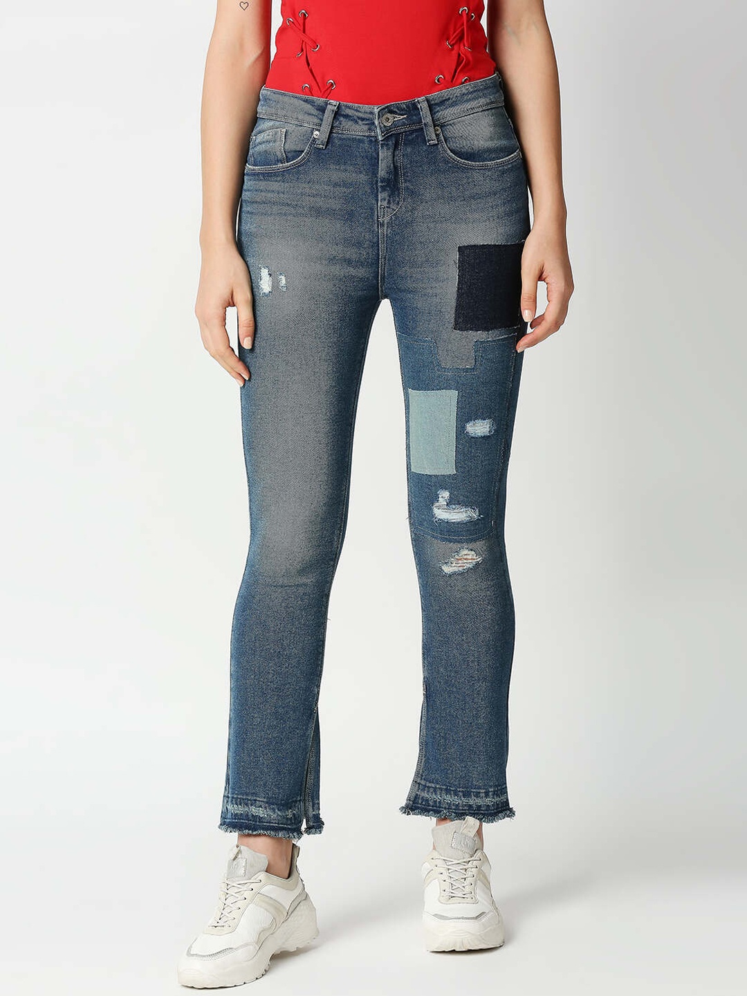 

Pepe Jeans Women Blue Flared High-Rise Mildly Distressed Heavy Fade Jeans