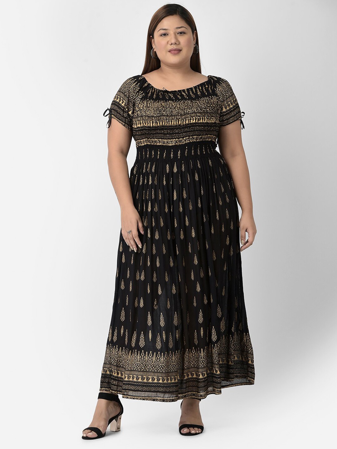 

VELDRESS Plus Size Women Black Ethnic Motifs Maxi Dress