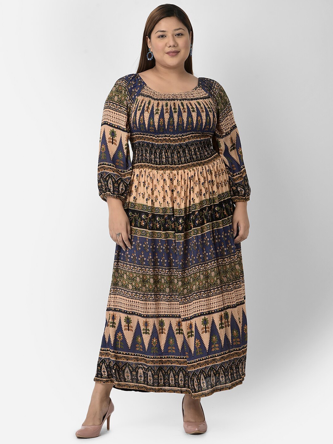 

VELDRESS Plus Size Women Cream-Coloured & Grey Ethnic Motifs Maxi Dress