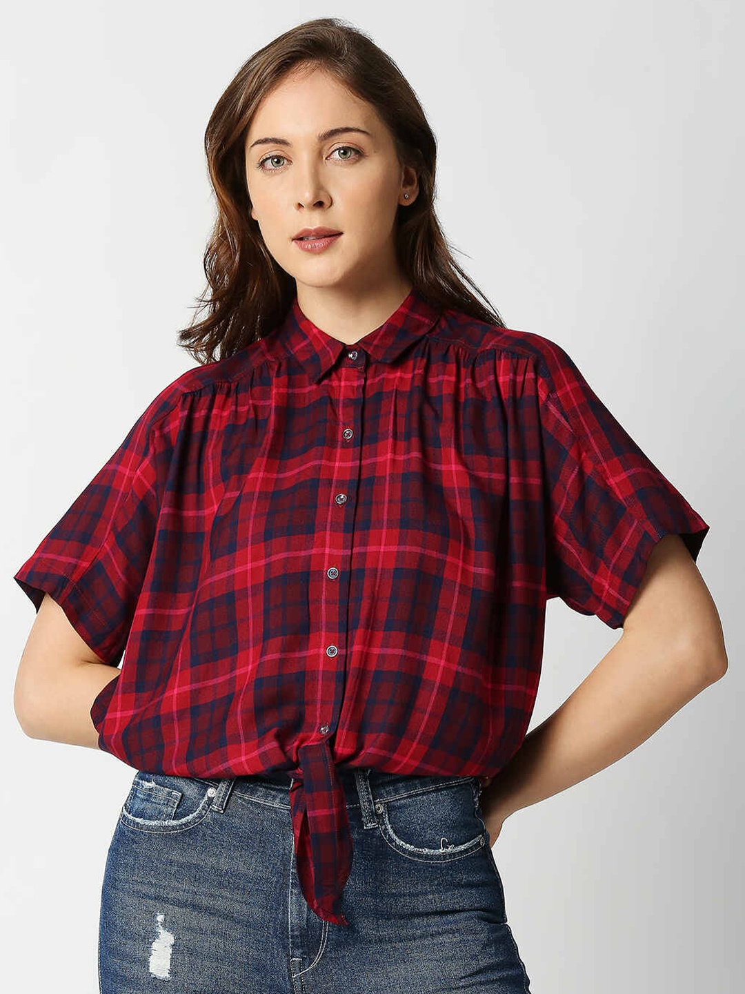 

Pepe Jeans Women Pink Tartan Checks Checked Casual Shirt