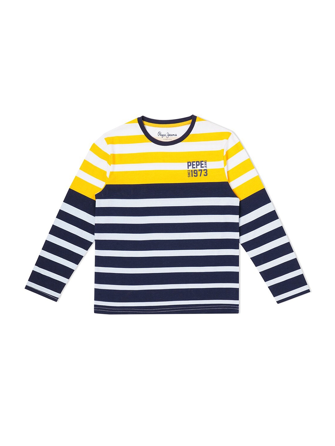 

Pepe Jeans Boys Yellow & Blue Striped Cotton T-shirt