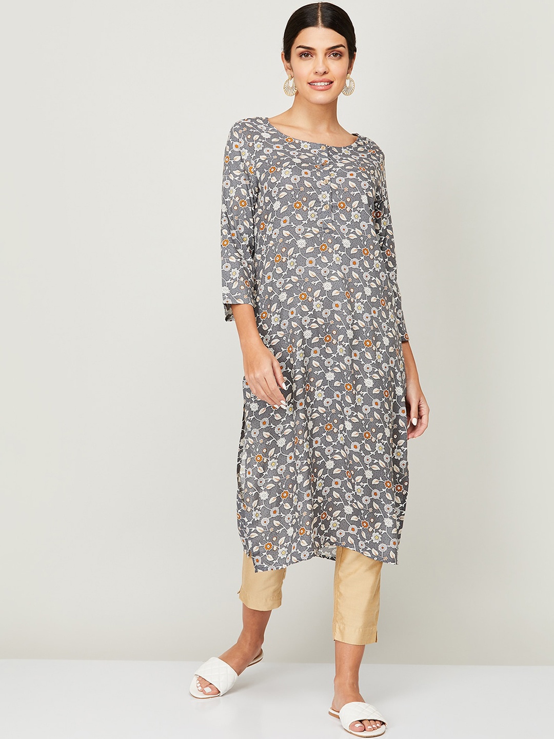 Melange by Lifestyle Women Grey Floral Printed Kurta